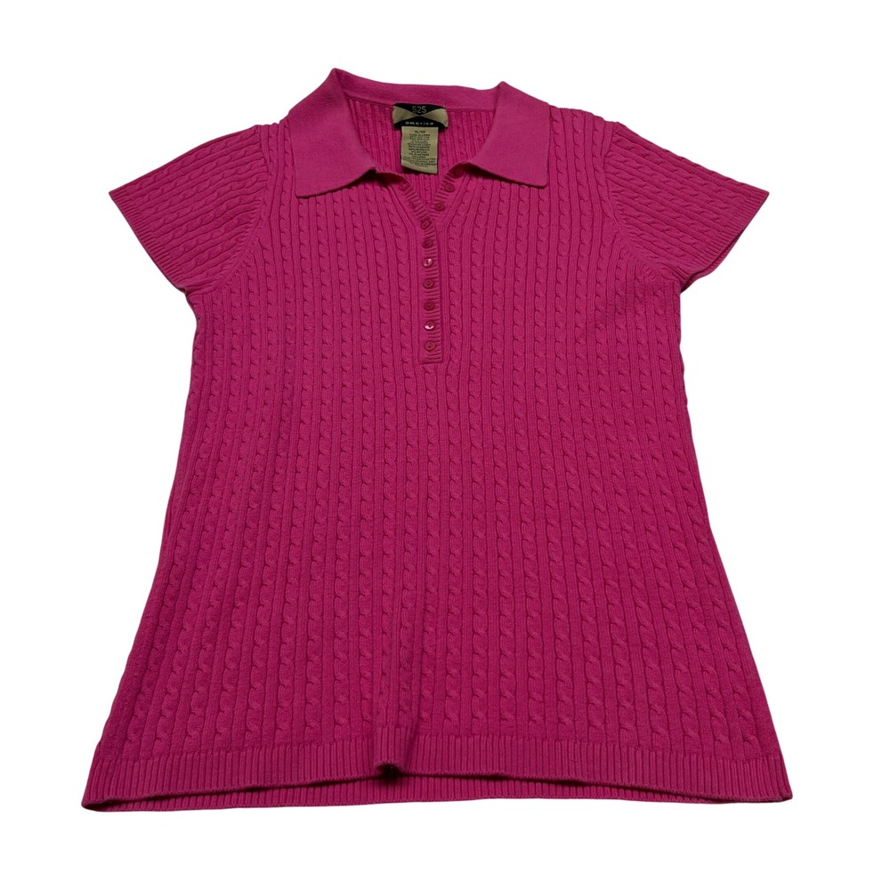 Cable Knit Womens Polo Shirt XL Pink Short Sleeve Cotton Blend Preppy Knitwear